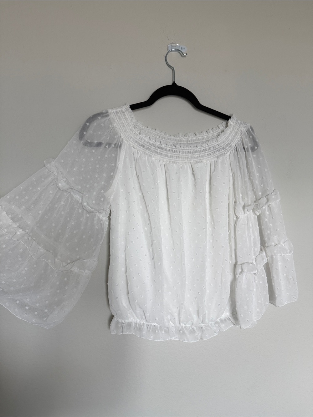 miami White Swiss Dot Off-Shoulder Ruffle Blouse
